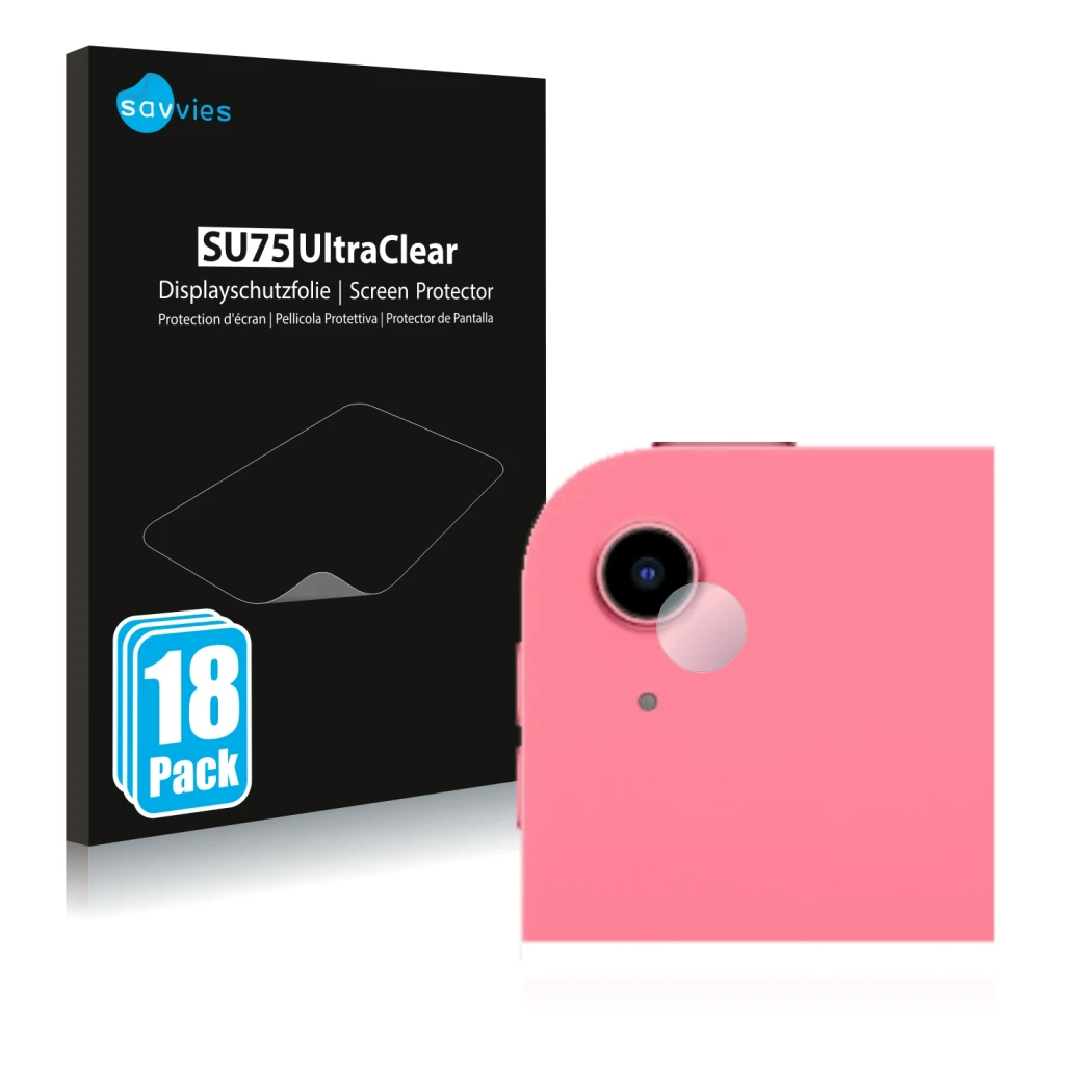 Face avant d’un emballage produit avec le logo de la marque Savvies. À côté, l’appareil Apple iPad 10.9