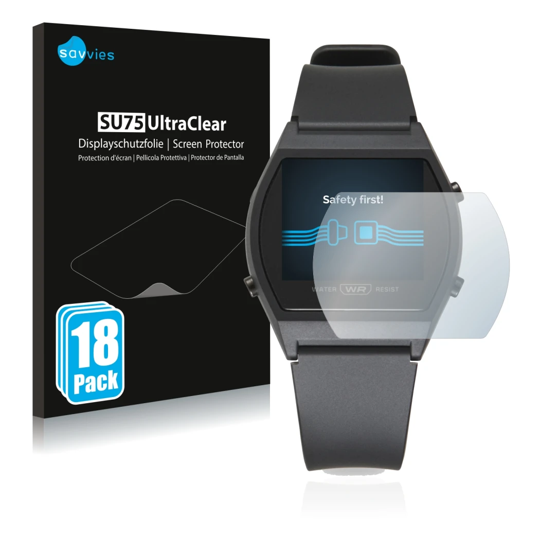 Face avant d’un emballage produit avec le logo de la marque Savvies. À côté, l’appareil Casio LW-204-1BEF est représenté avec 