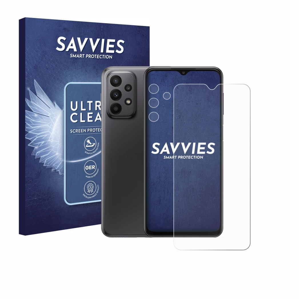 Face avant d’un emballage produit avec le logo de la marque Savvies. À côté, l’appareil Samsung Galaxy A23 5G (Avant+Caméra) e