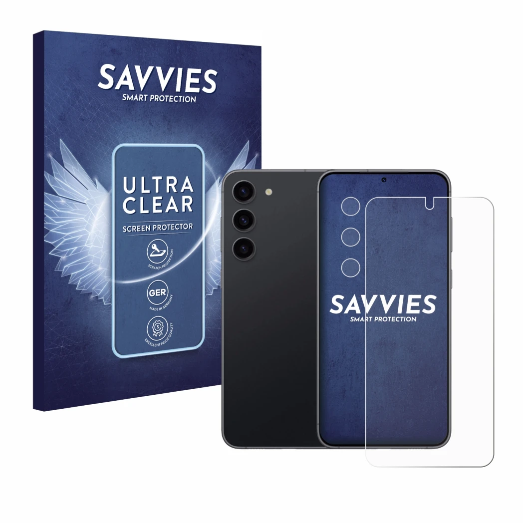 Face avant d’un emballage produit avec le logo de la marque Savvies. À côté, l’appareil Samsung Galaxy S23 (Avant+Caméra) est 