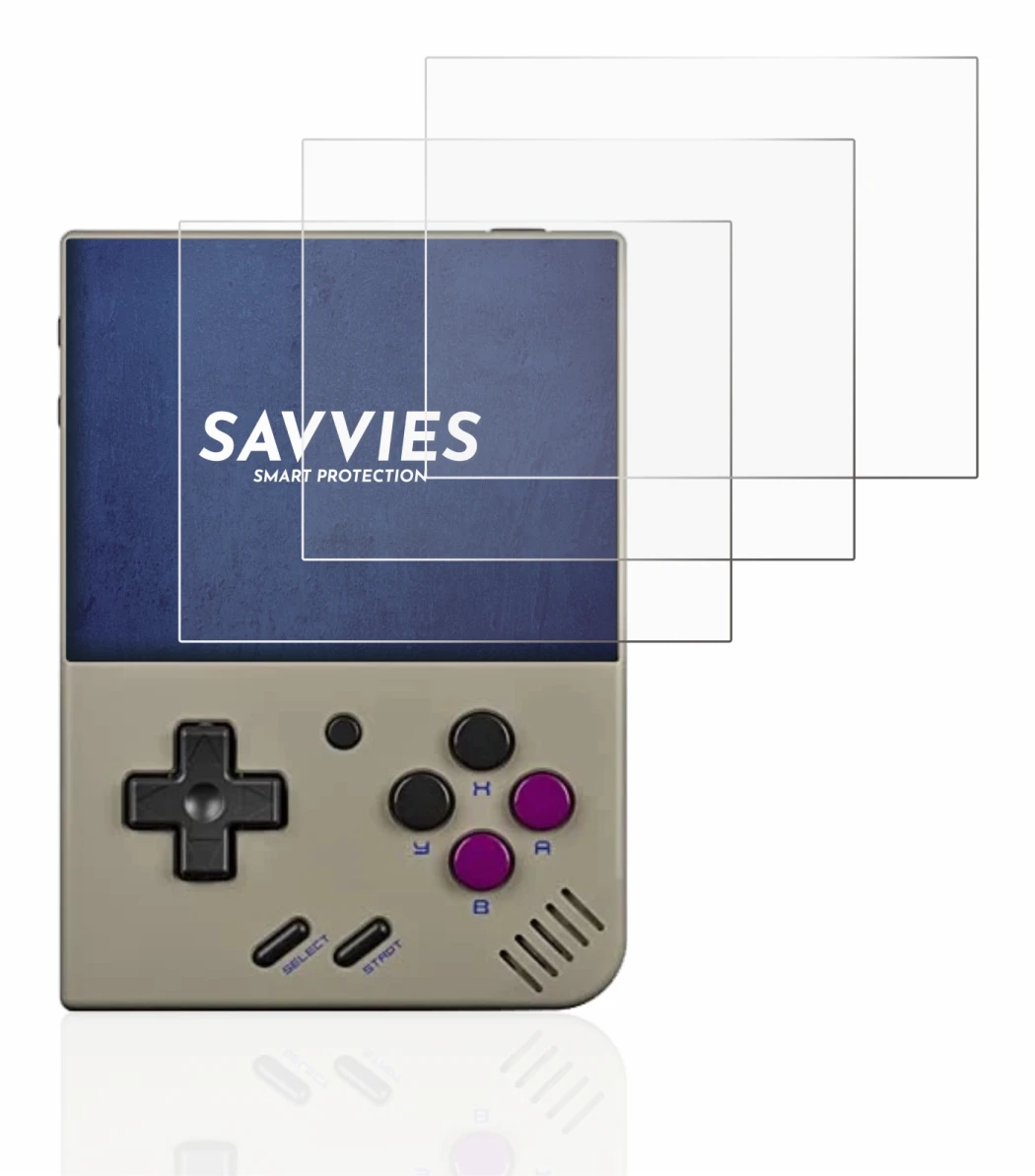 Image de l'appareil Miyoo Mini Plus avec une grande variété de protections d'écran.