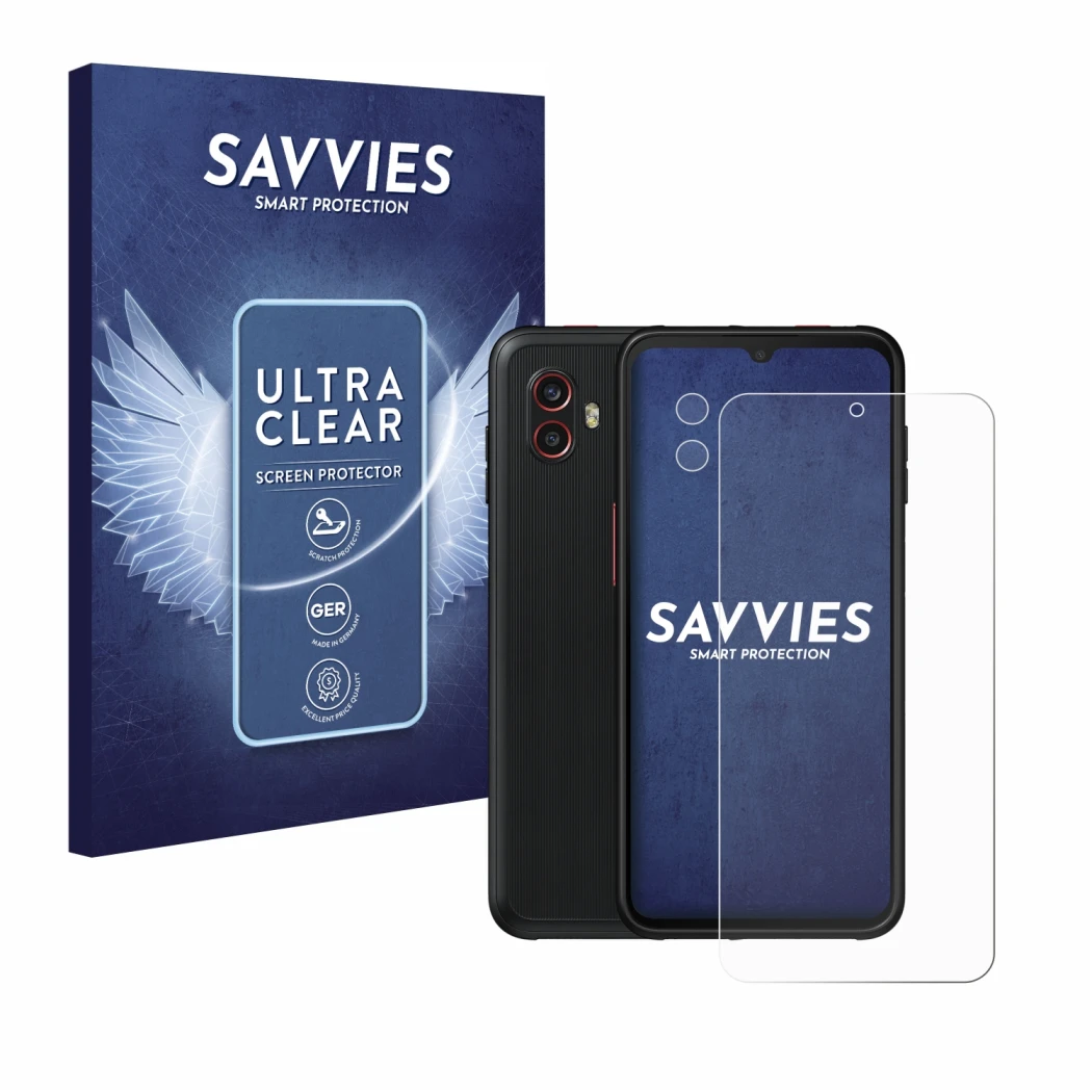 Face avant d’un emballage produit avec le logo de la marque Savvies. À côté, l’appareil Samsung Galaxy XCover 6 Pro Enterprise
