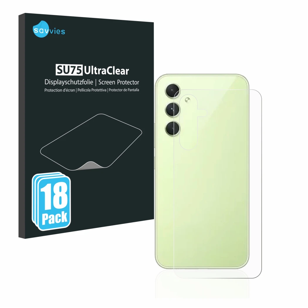 Face avant d’un emballage produit avec le logo de la marque Savvies. À côté, l’appareil Samsung Galaxy A54 5G (Arrière) est re