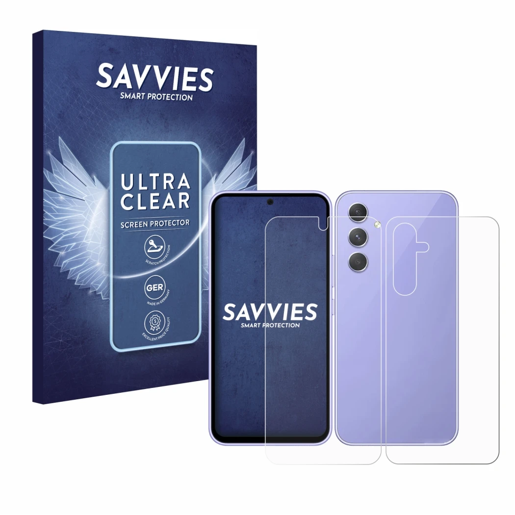Face avant d’un emballage produit avec le logo de la marque Savvies. À côté, l’appareil Samsung Galaxy A54 5G (Avant+Arrière) 