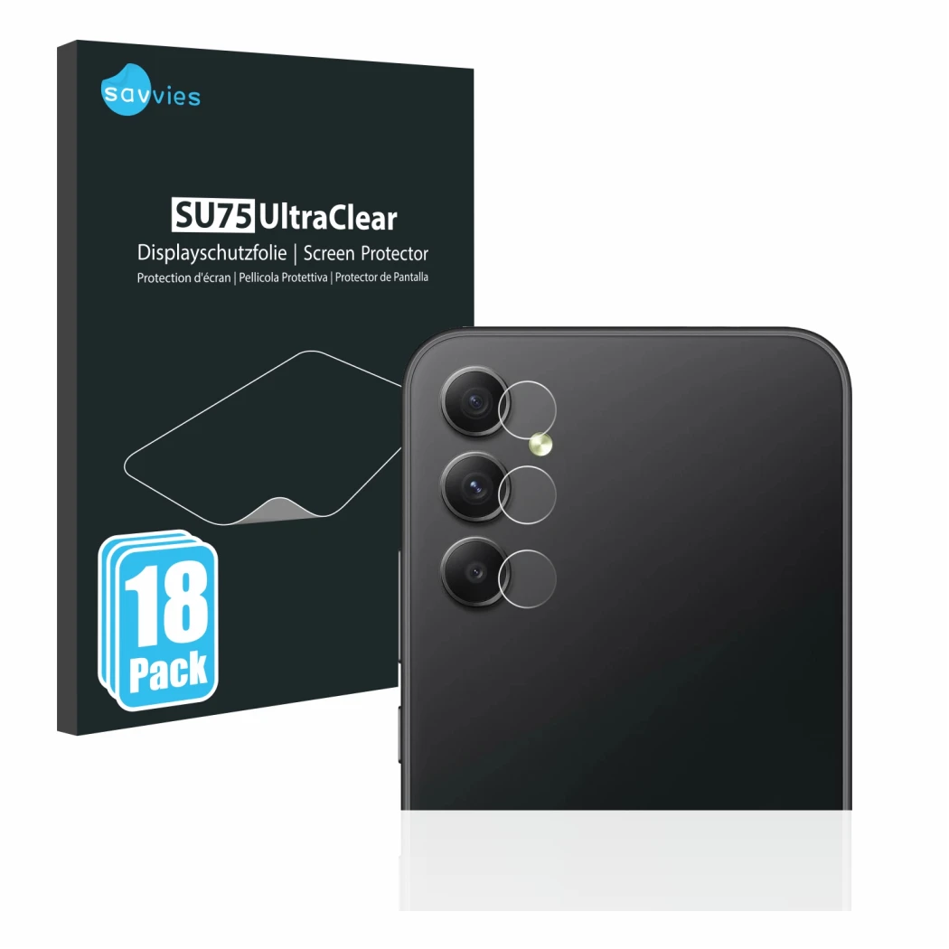 Face avant d’un emballage produit avec le logo de la marque Savvies. À côté, l’appareil Samsung Galaxy A34 5G (Caméra UNIQUEME