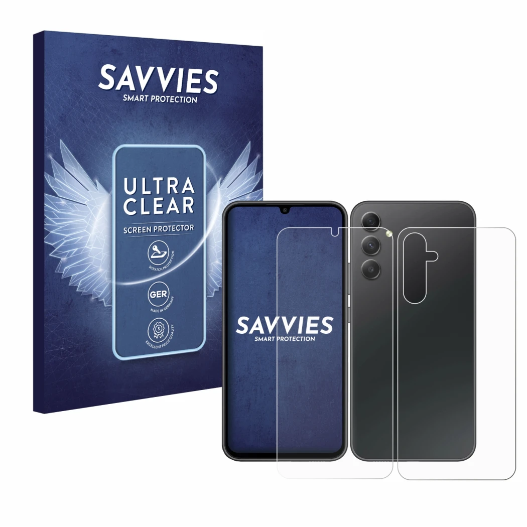 Face avant d’un emballage produit avec le logo de la marque Savvies. À côté, l’appareil Samsung Galaxy A34 5G (Avant+Arrière) 