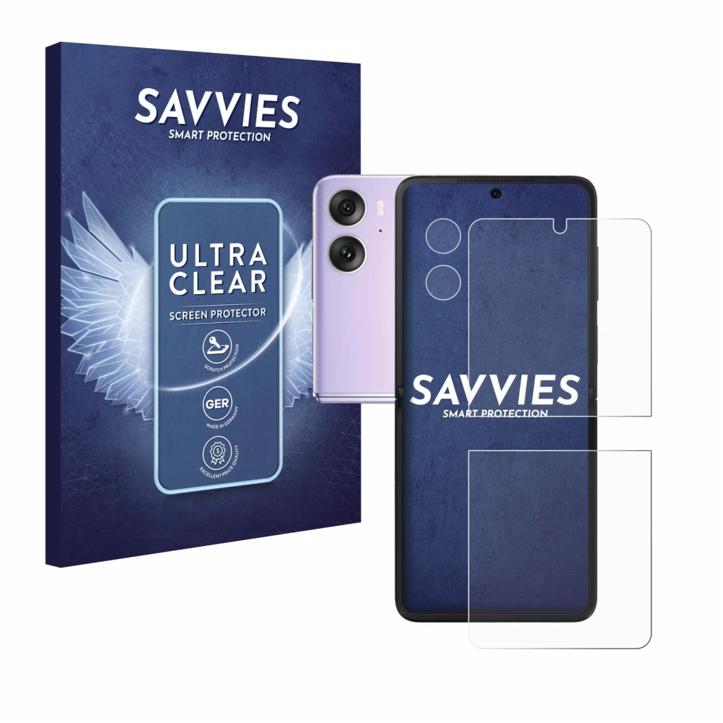 Face avant d’un emballage produit avec le logo de la marque Savvies. À côté, l’appareil Oppo Find N2 Flip (Avant+Caméra) est r