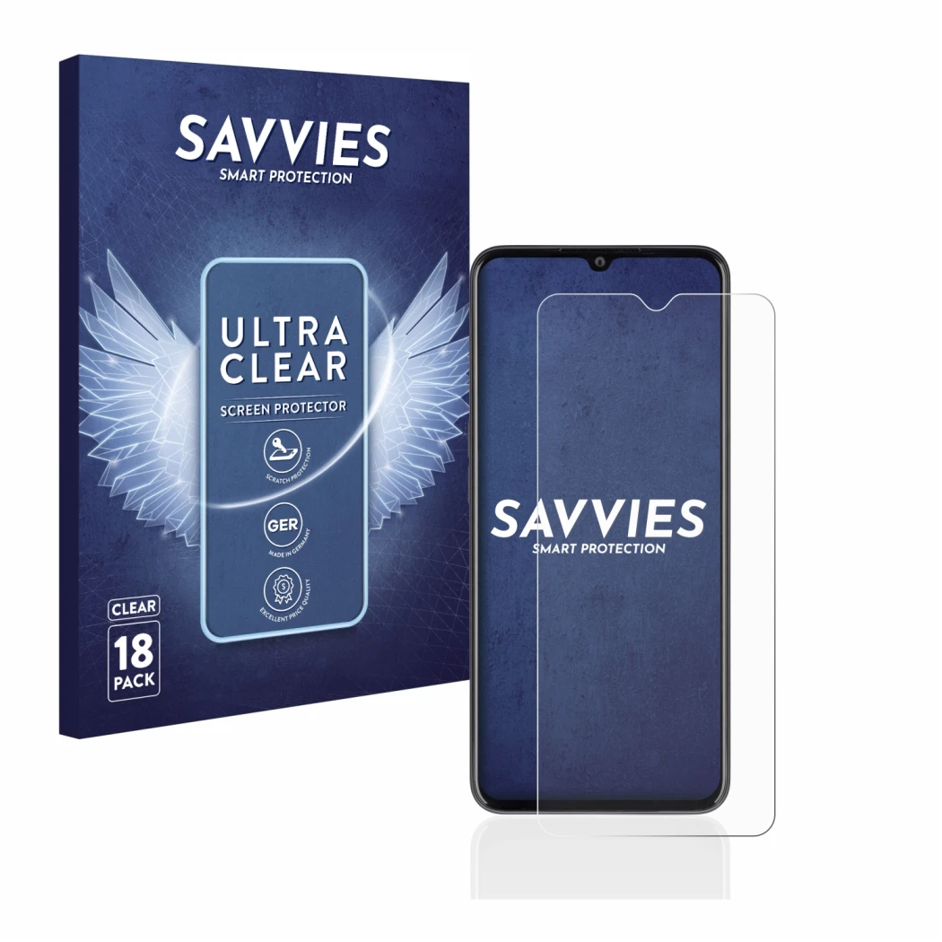 Face avant d’un emballage produit avec le logo de la marque Savvies. À côté, l’appareil Oppo A77 5G est représenté avec la pro