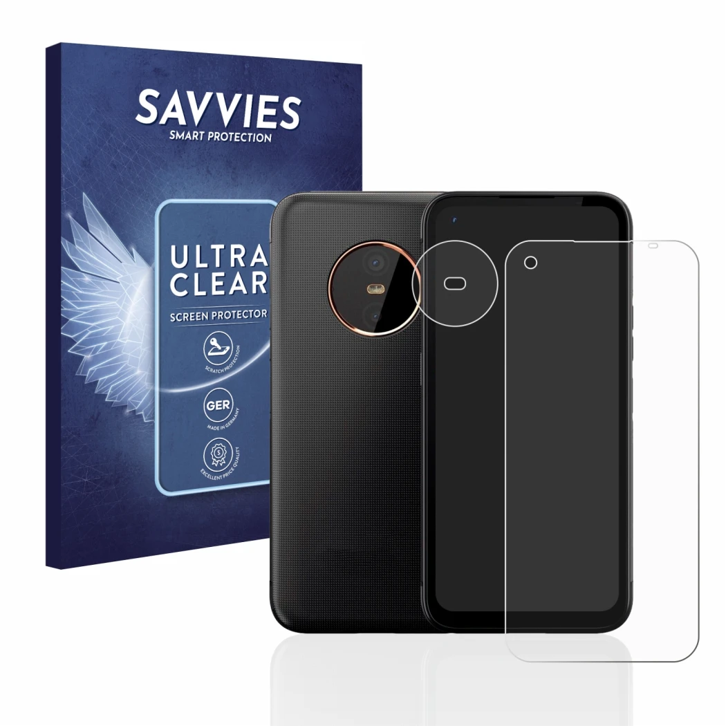 Face avant d’un emballage produit avec le logo de la marque Savvies. À côté, l’appareil Gigaset GX6 (Avant+Caméra) est représe