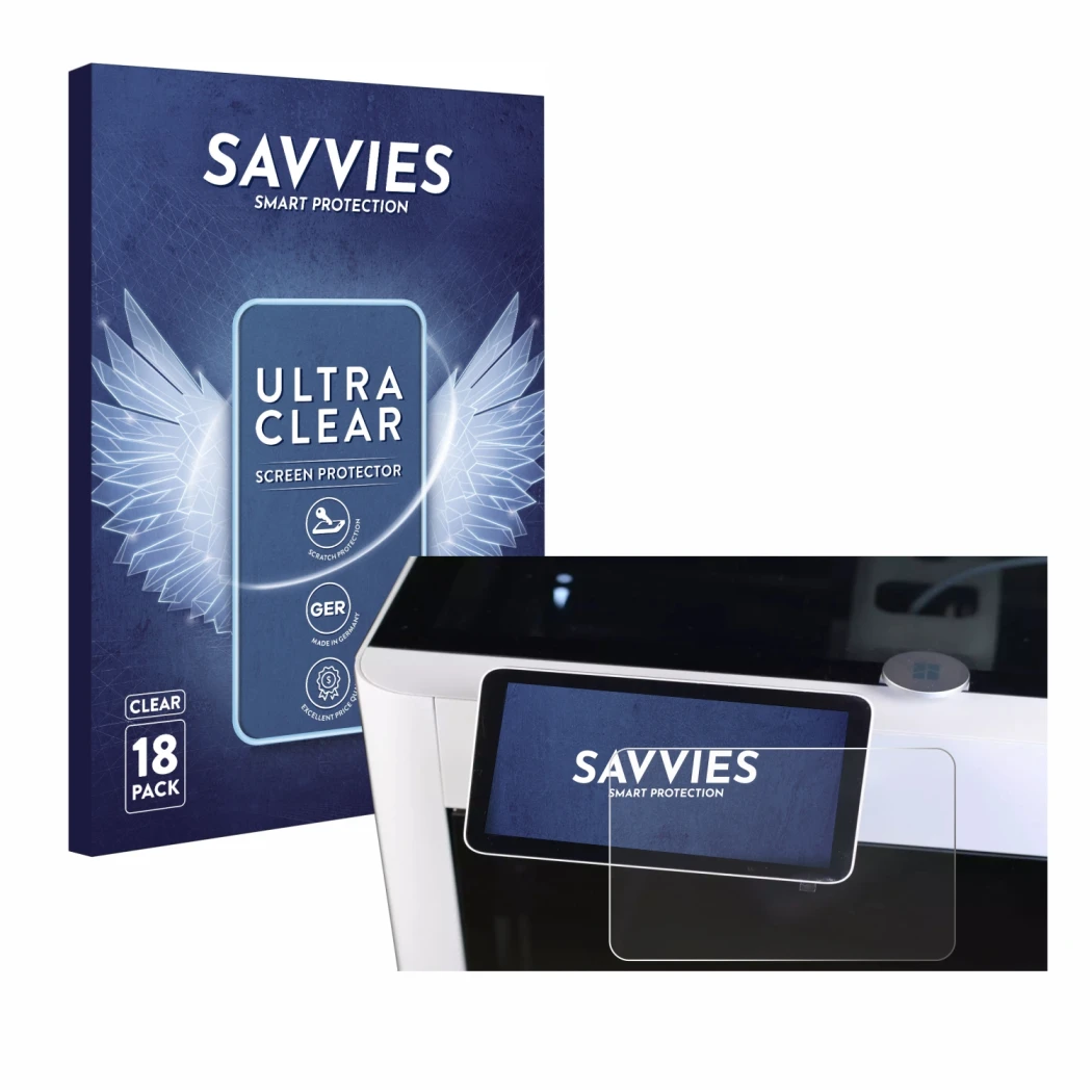 Face avant d’un emballage produit avec le logo de la marque Savvies. À côté, l’appareil Bambu Lab X1-Carbon 3D Printer est rep