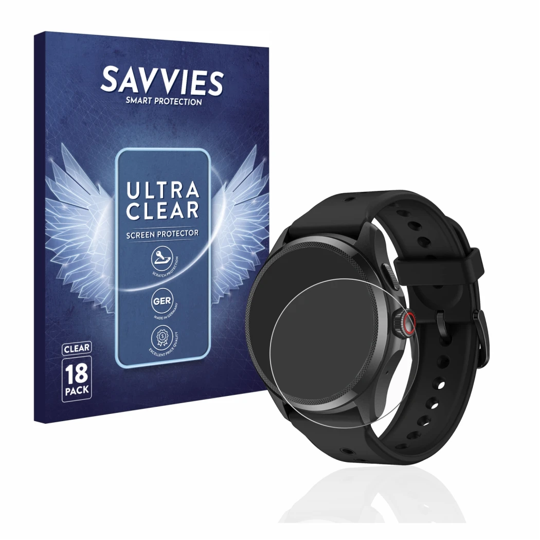 Face avant d’un emballage produit avec le logo de la marque Savvies. À côté, l’appareil Mobvoi TicWatch Pro 5 est représenté a