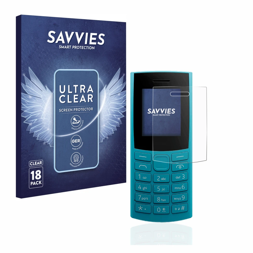Face avant d’un emballage produit avec le logo de la marque Savvies. À côté, l’appareil Nokia 105 4G (2023) est représenté ave