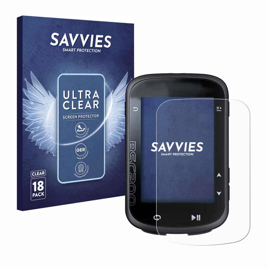 Face avant d’un emballage produit avec le logo de la marque Savvies. À côté, l’appareil iGPSPORT BSC200 est représenté avec la