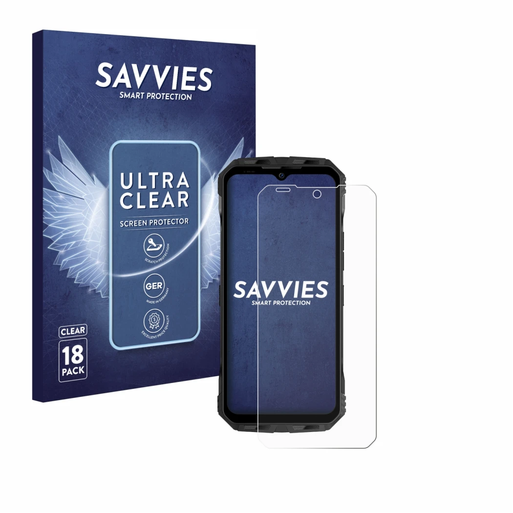 Face avant d’un emballage produit avec le logo de la marque Savvies. À côté, l’appareil Doogee V30 est représenté avec la prot