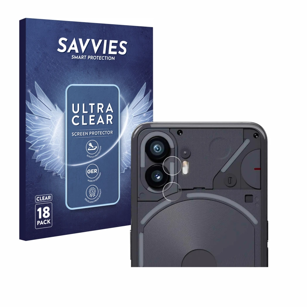 Face avant d’un emballage produit avec le logo de la marque Savvies. À côté, l’appareil Nothing Phone (2) (Caméra UNIQUEMENT) 