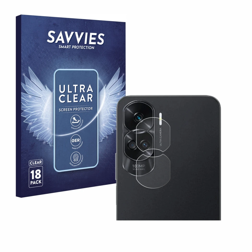 Face avant d’un emballage produit avec le logo de la marque Savvies. À côté, l’appareil Honor 90 Lite (Caméra UNIQUEMENT) est 
