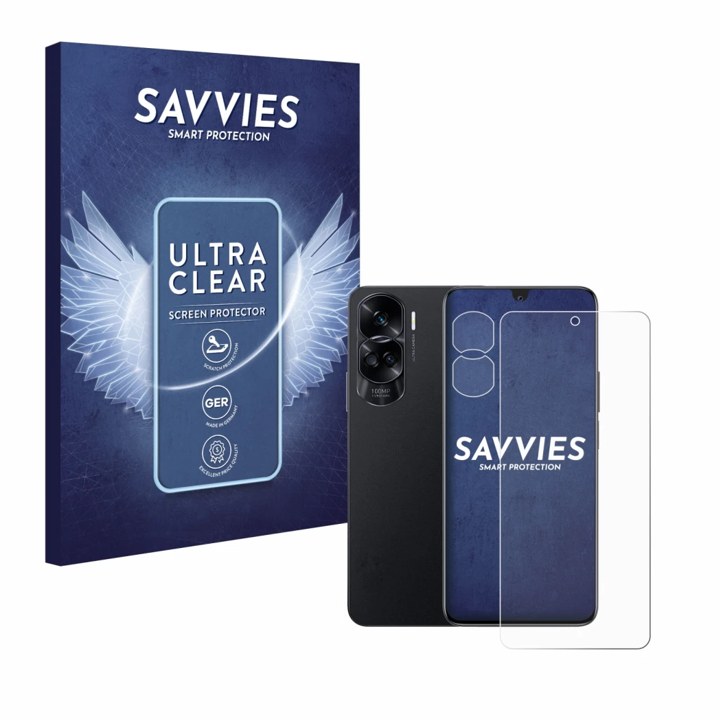 Face avant d’un emballage produit avec le logo de la marque Savvies. À côté, l’appareil Honor 90 Lite (Avant+Caméra) est repré