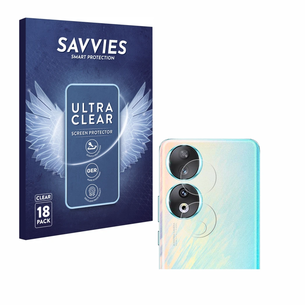 Face avant d’un emballage produit avec le logo de la marque Savvies. À côté, l’appareil Honor 90 (Caméra UNIQUEMENT) est repré