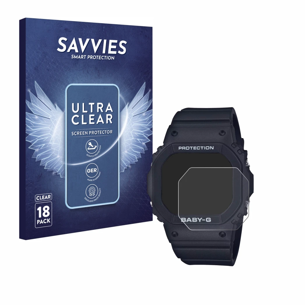 Face avant d’un emballage produit avec le logo de la marque Savvies. À côté, l’appareil Casio Baby-G BGD-565 est représenté av