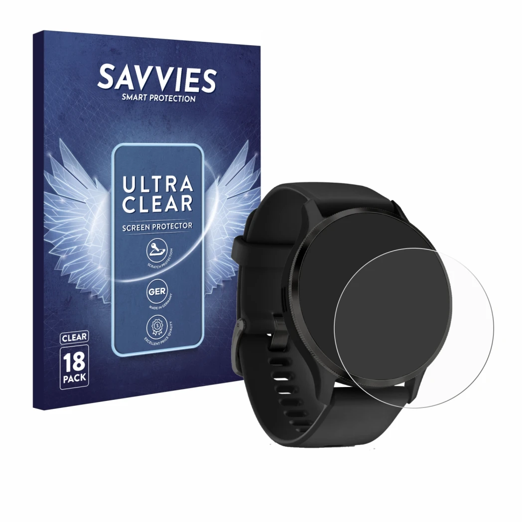 Face avant d’un emballage produit avec le logo de la marque Savvies. À côté, l’appareil Garmin Venu 3S est représenté avec la 