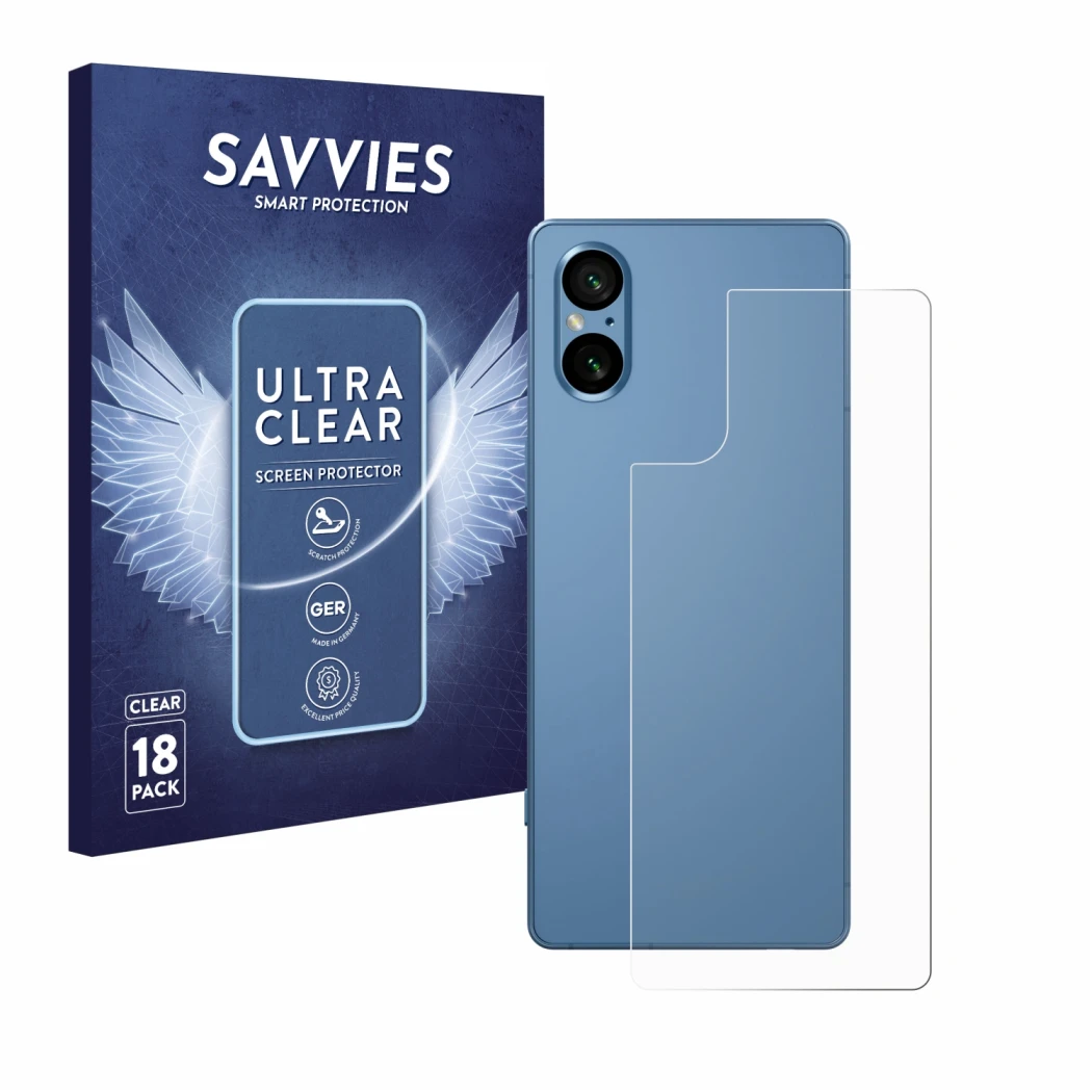 Face avant d’un emballage produit avec le logo de la marque Savvies. À côté, l’appareil Sony Xperia 5 V (Arrière) est représen