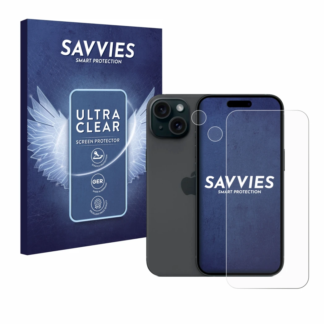Face avant d’un emballage produit avec le logo de la marque Savvies. À côté, l’appareil Apple iPhone 15 (Avant+Caméra) est rep