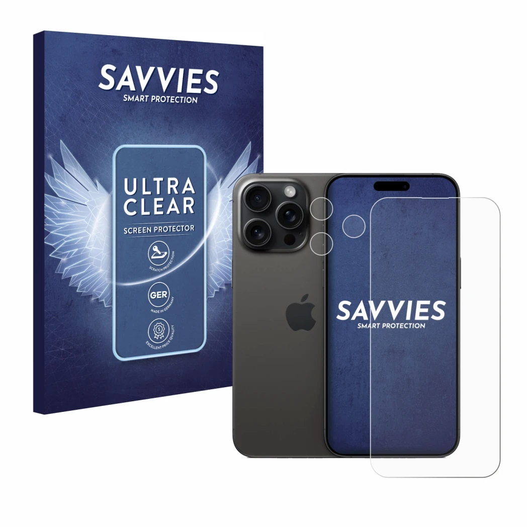 Face avant d’un emballage produit avec le logo de la marque Savvies. À côté, l’appareil Apple iPhone 15 Pro Max (Avant+Caméra)