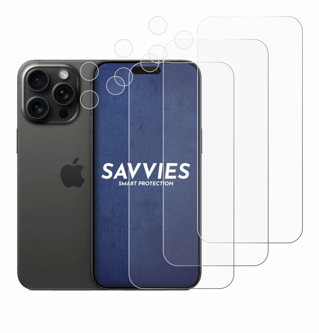 Image de l'appareil Apple iPhone 15 Pro Max (Avant+Caméra) avec une grande variété de protections d'écran.