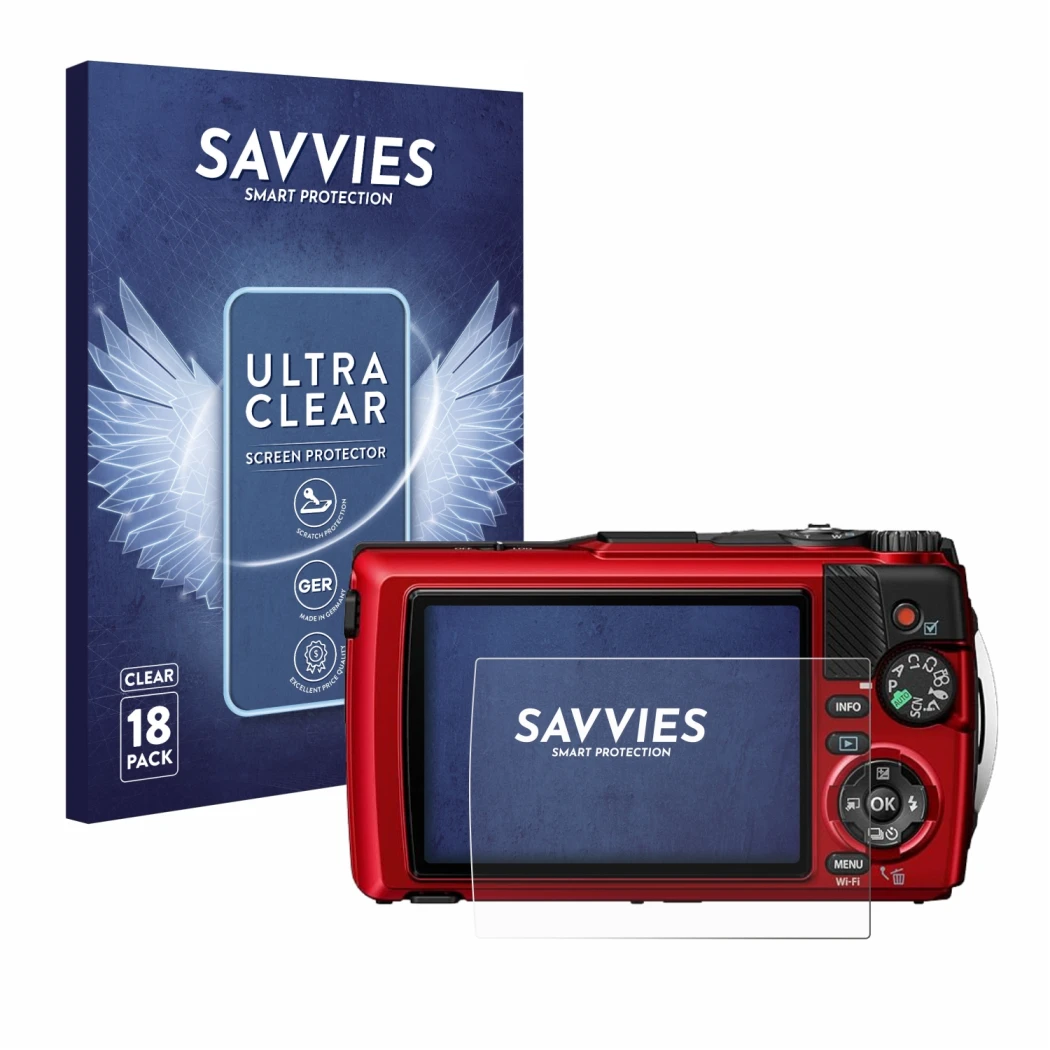 Face avant d’un emballage produit avec le logo de la marque Savvies. À côté, l’appareil Olympus OM System Tough TG-7 est repré