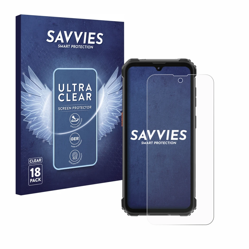 Face avant d’un emballage produit avec le logo de la marque Savvies. À côté, l’appareil Blackview BV5300 Pro (2023) est représ