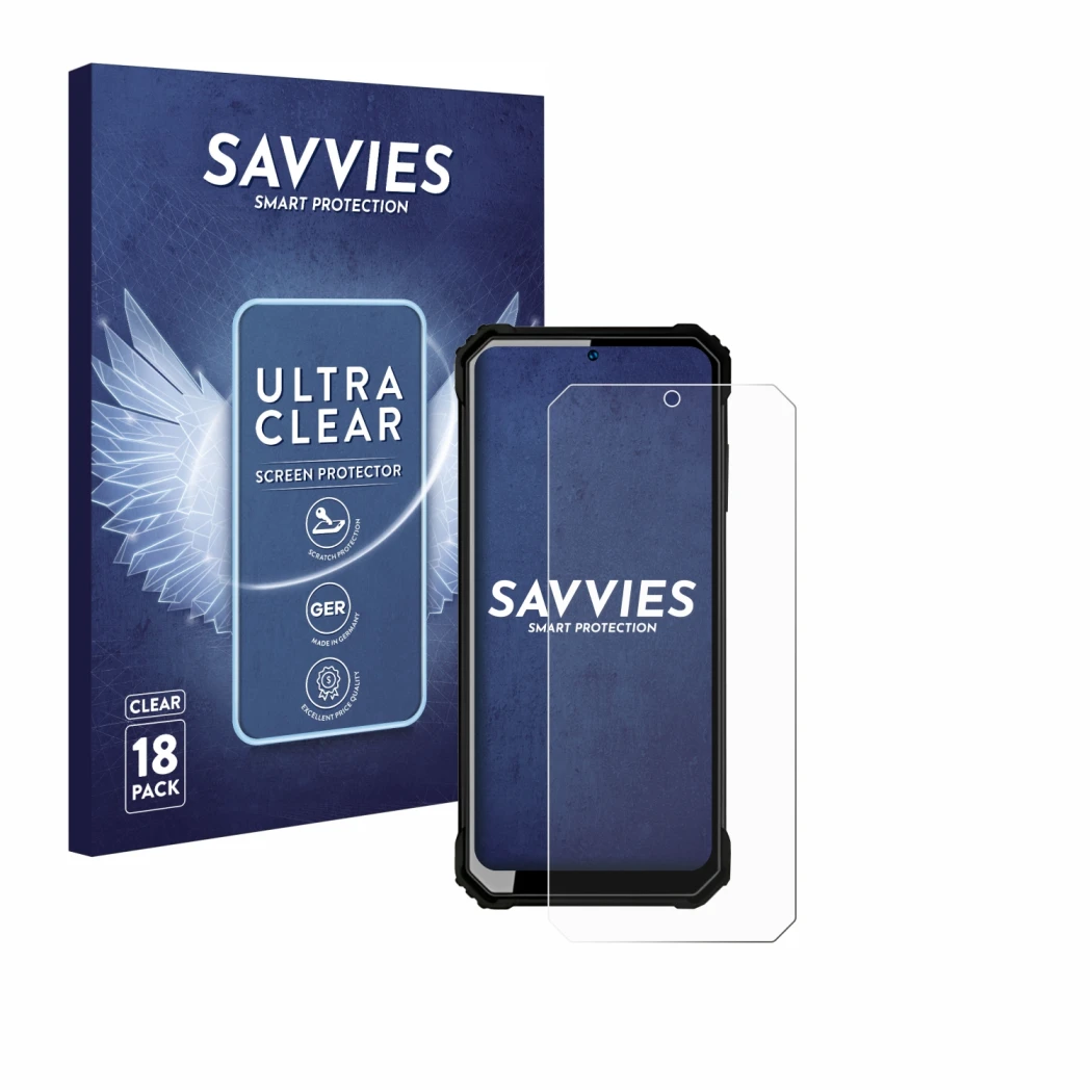 Face avant d’un emballage produit avec le logo de la marque Savvies. À côté, l’appareil Oukitel WP23 est représenté avec la pr