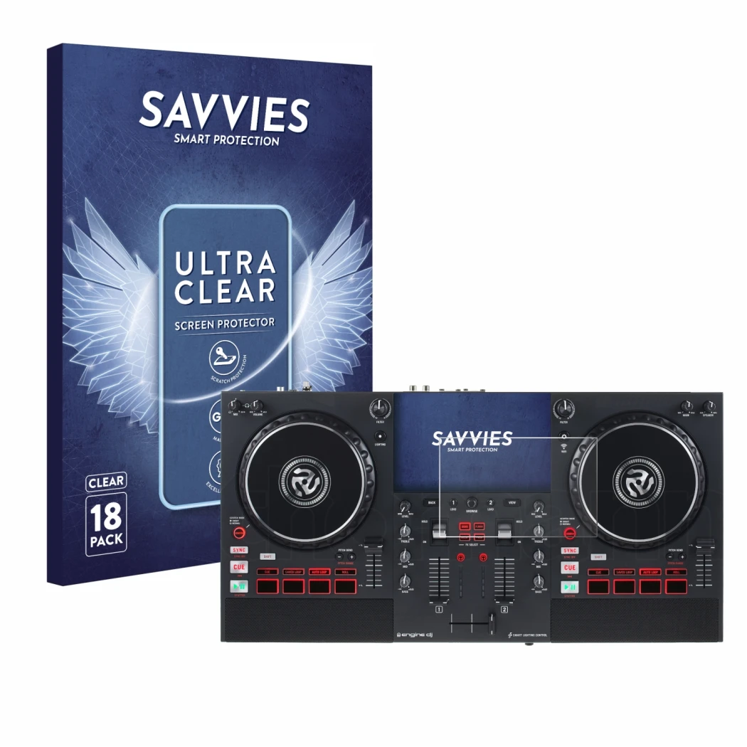 Face avant d’un emballage produit avec le logo de la marque Savvies. À côté, l’appareil Numark Mixstream Pro+ est représenté a