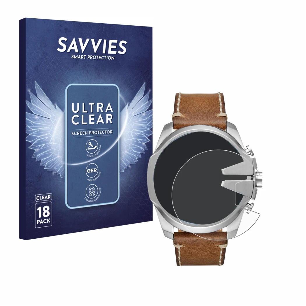 Face avant d’un emballage produit avec le logo de la marque Savvies. À côté, l’appareil Diesel Mega Chief est représenté avec 