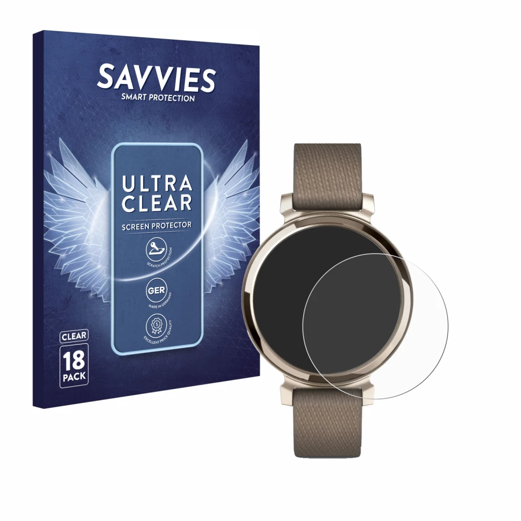Face avant d’un emballage produit avec le logo de la marque Savvies. À côté, l’appareil Garmin Lily 2 est représenté avec la p