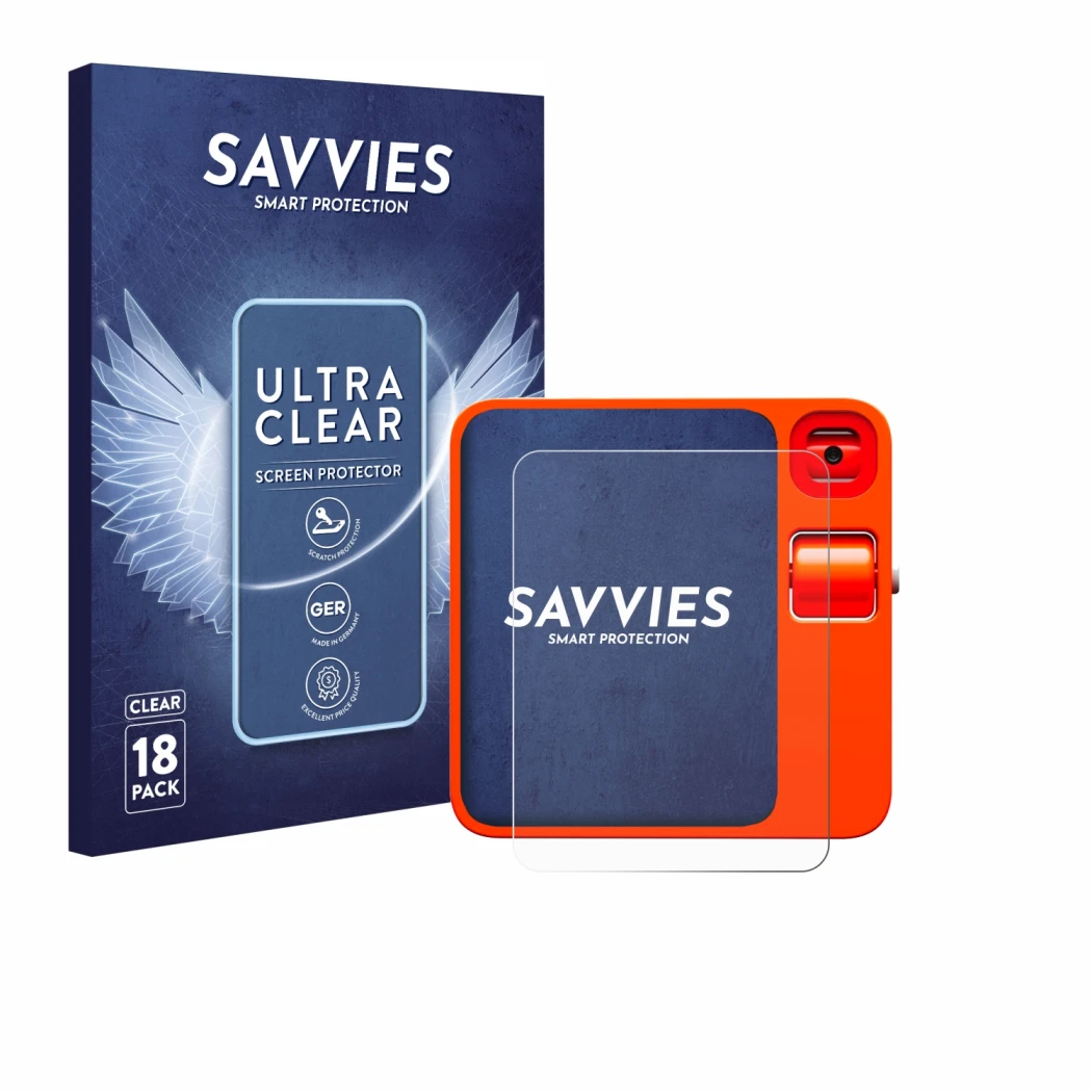 Face avant d’un emballage produit avec le logo de la marque Savvies. À côté, l’appareil rabbit r1 est représenté avec la prote