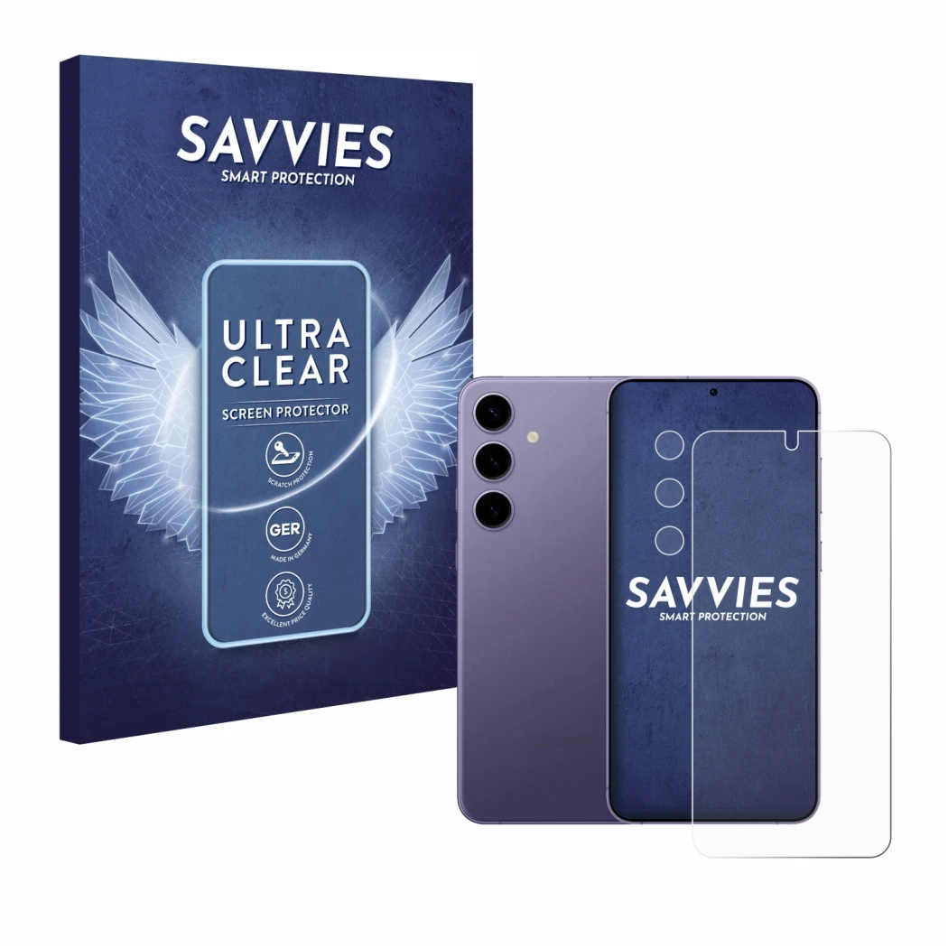 Face avant d’un emballage produit avec le logo de la marque Savvies. À côté, l’appareil Samsung Galaxy S24 (Avant+Caméra) est 
