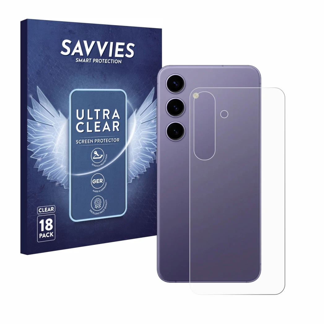 Face avant d’un emballage produit avec le logo de la marque Savvies. À côté, l’appareil Samsung Galaxy S24 (Arrière) est repré