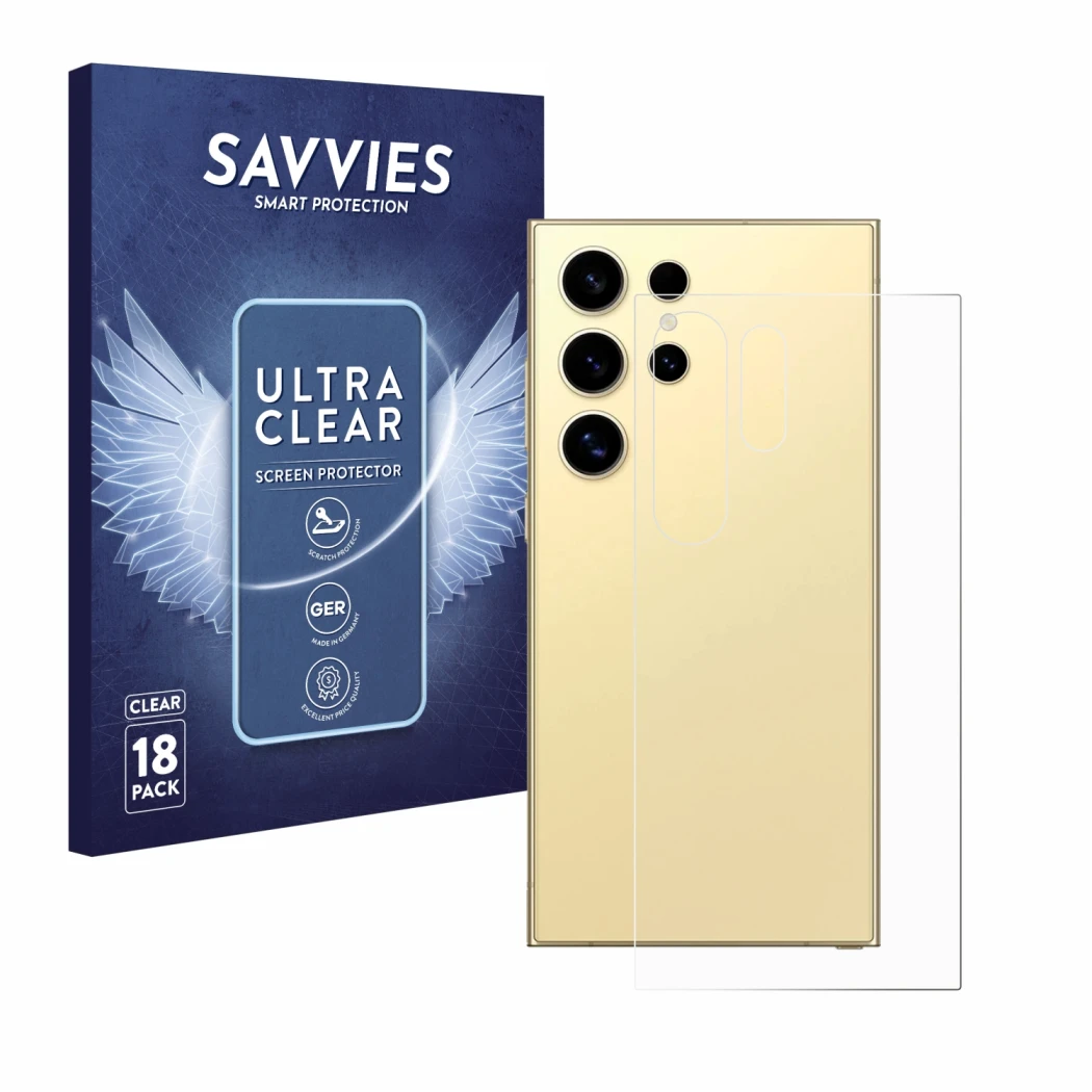 Face avant d’un emballage produit avec le logo de la marque Savvies. À côté, l’appareil Samsung Galaxy S24 Ultra (Arrière) est