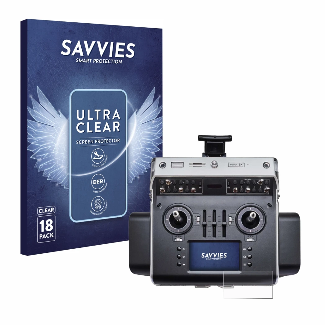 Face avant d’un emballage produit avec le logo de la marque Savvies. À côté, l’appareil Graupner MC-32ex est représenté avec l