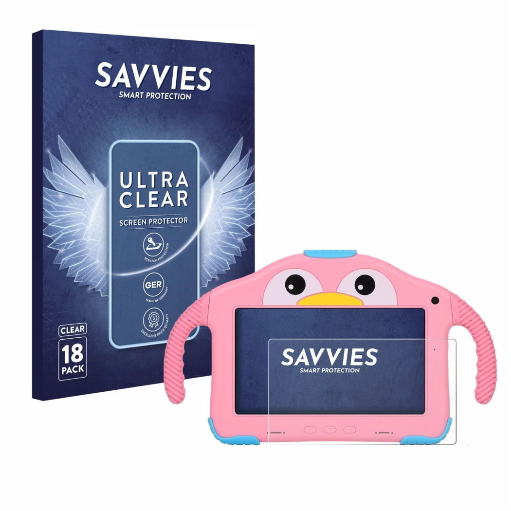 Face avant d’un emballage produit avec le logo de la marque Savvies. À côté, l’appareil okulaku KIDS03-Pro03 7