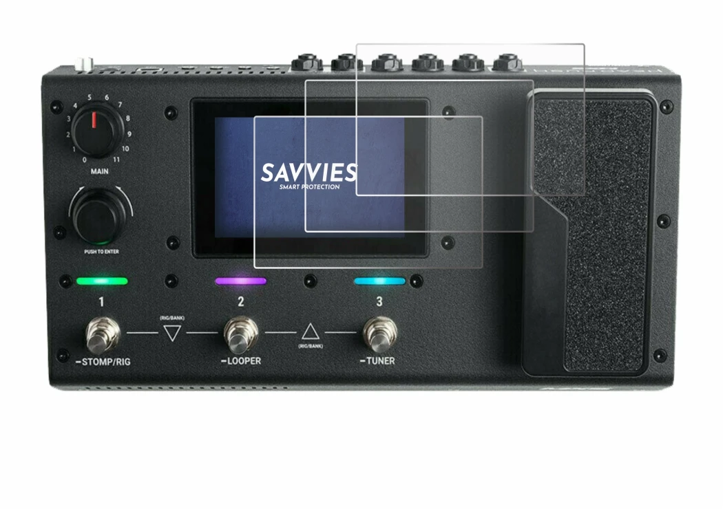 Image de l'appareil Headrush MX5 avec une grande variété de protections d'écran.