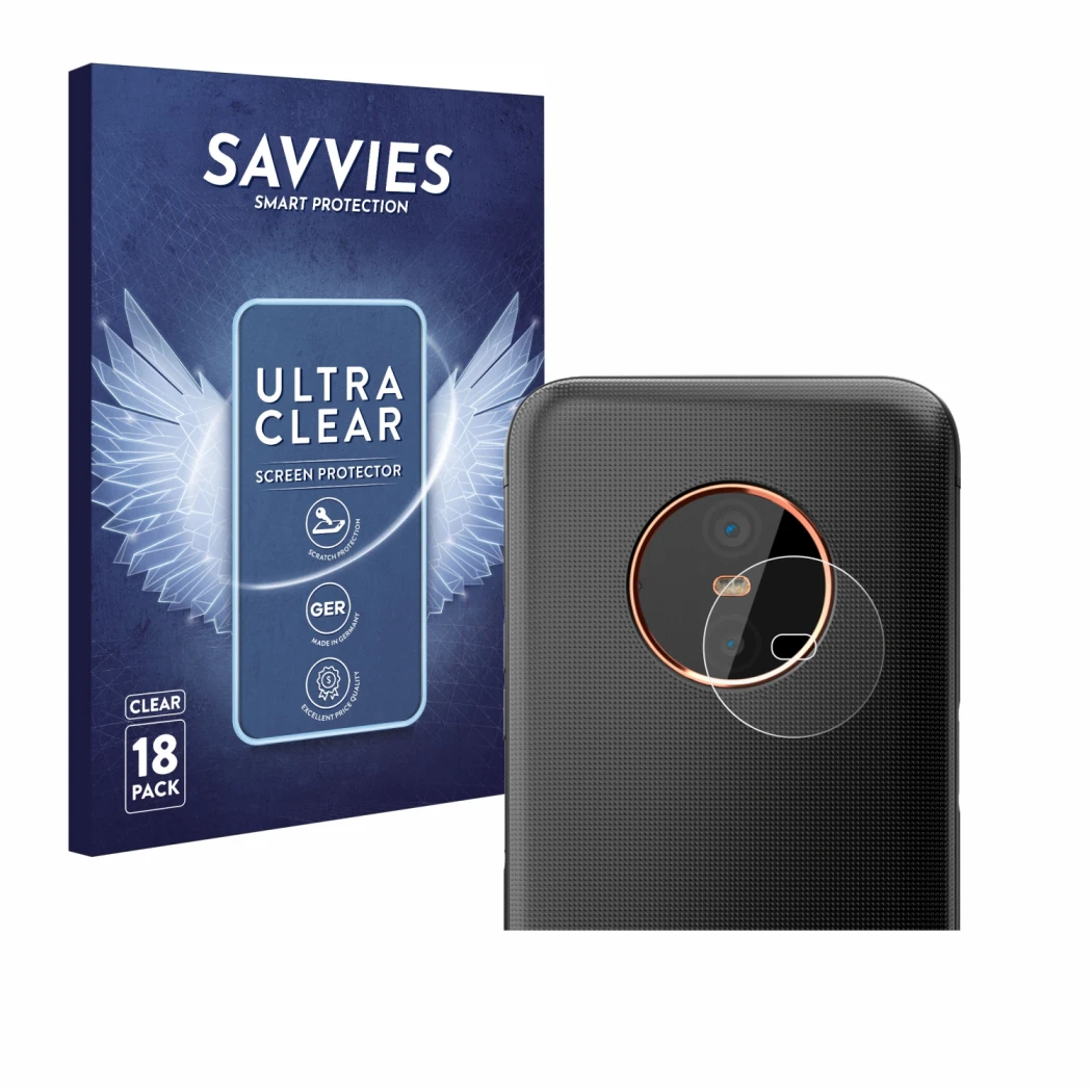 Face avant d’un emballage produit avec le logo de la marque Savvies. À côté, l’appareil Gigaset GX6 Pro (Caméra UNIQUEMENT) es