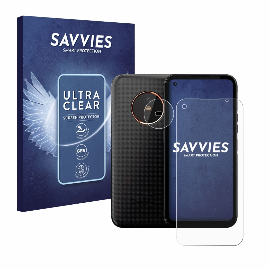 Face avant d’un emballage produit avec le logo de la marque Savvies. À côté, l’appareil Gigaset GX6 Pro (Avant+Caméra) est rep