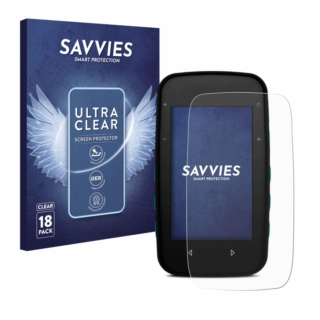 Face avant d’un emballage produit avec le logo de la marque Savvies. À côté, l’appareil CompeGPS TwoNav Cross Plus est représe