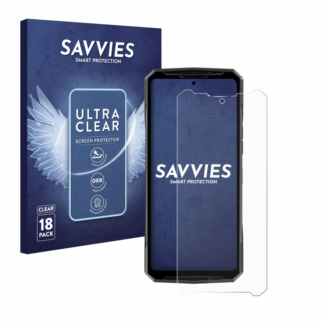 Face avant d’un emballage produit avec le logo de la marque Savvies. À côté, l’appareil Doogee DK10 est représenté avec la pro