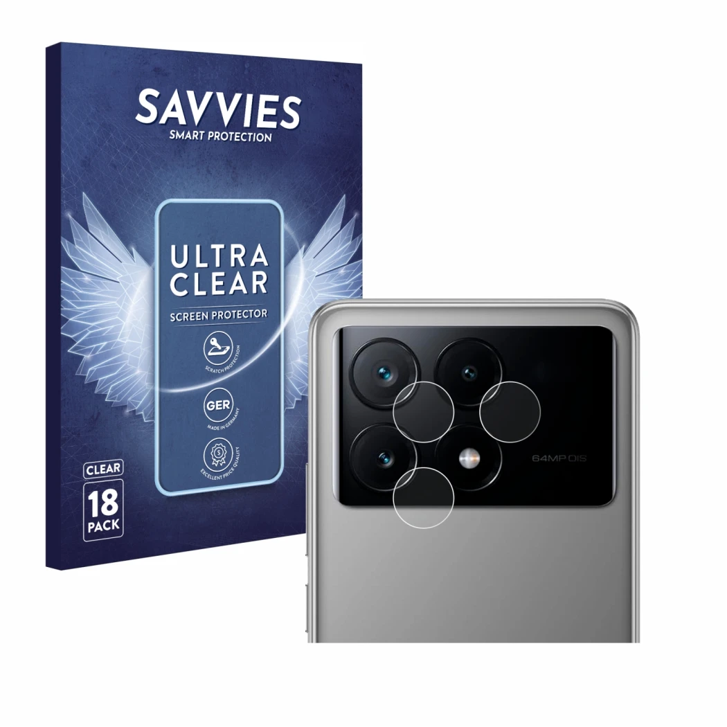 Face avant d’un emballage produit avec le logo de la marque Savvies. À côté, l’appareil Xiaomi Poco X6 Pro (Caméra UNIQUEMENT)