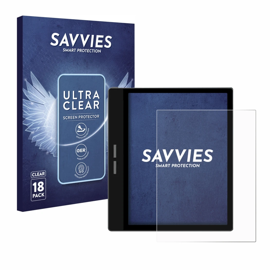 Face avant d’un emballage produit avec le logo de la marque Savvies. À côté, l’appareil Bigme B751C est représenté avec la pro