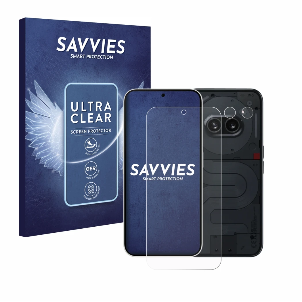 Face avant d’un emballage produit avec le logo de la marque Savvies. À côté, l’appareil Nothing Phone (2a) (Avant+Caméra) est 