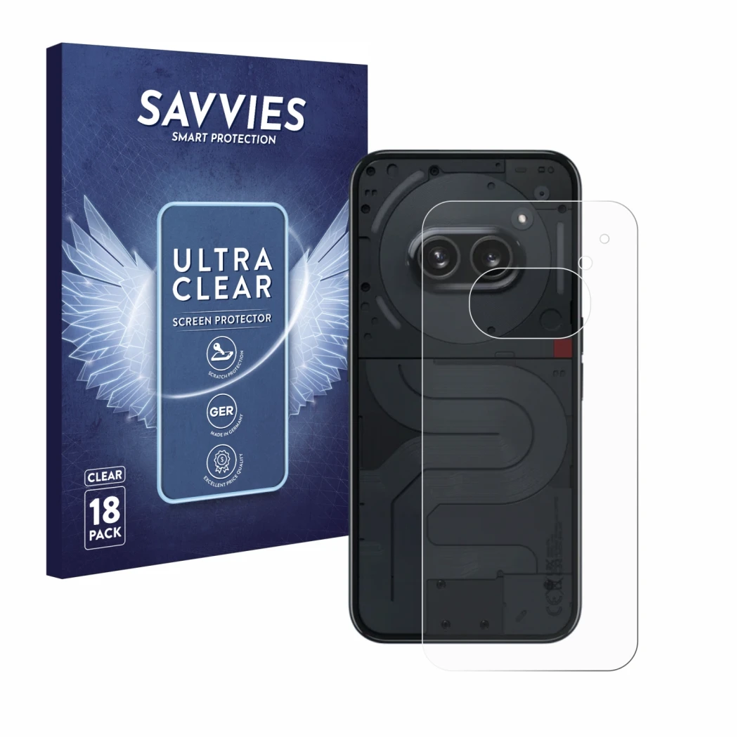 Face avant d’un emballage produit avec le logo de la marque Savvies. À côté, l’appareil Nothing Phone (2a) (Arrière) est repré