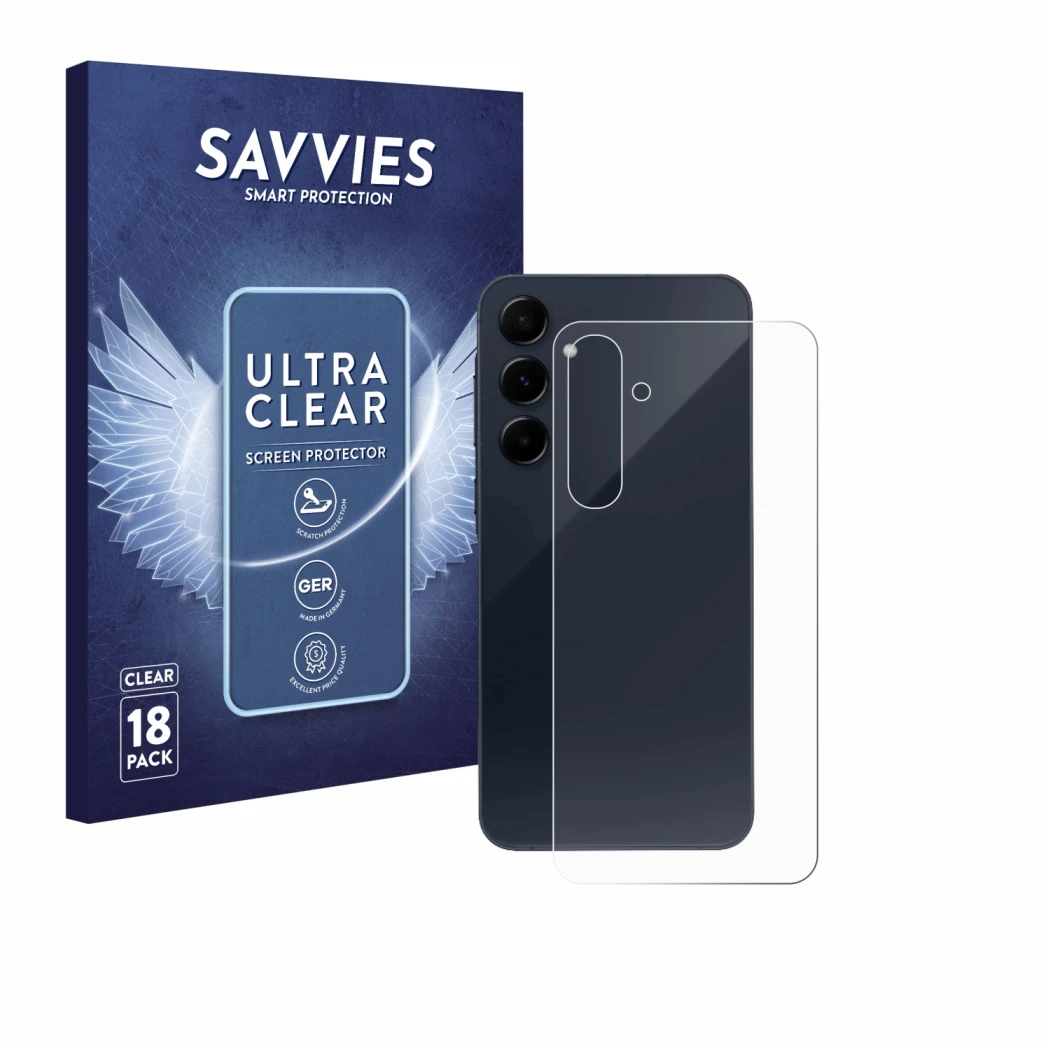 Face avant d’un emballage produit avec le logo de la marque Savvies. À côté, l’appareil Samsung Galaxy A55 5G (Arrière) est re